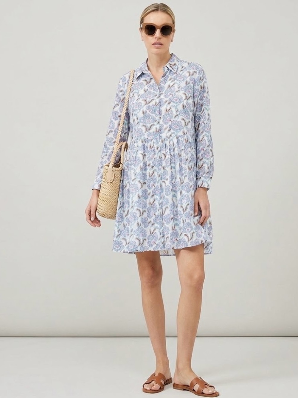 OLIPHANT Long Sleeve Cotton Voile Mini Shirt-Dress Blue  Botanical M